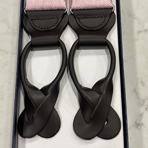 Brooks Brothers NEW Silk Leather Lt Pink Suspenders Braces Herringbone Pattern - Picture 4 of 9